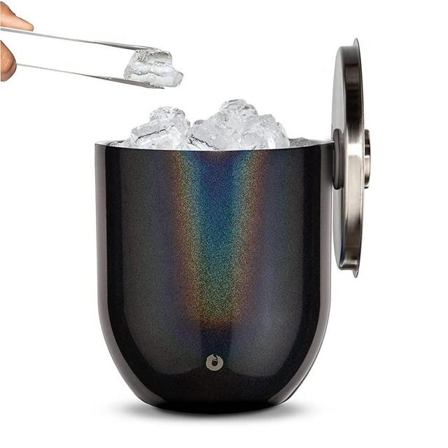 SNOWFOX Collection Double Wall Insulated Stainless Steel Ice Bucket with Lid and Tongs, 3 Liters, Shimmer Black