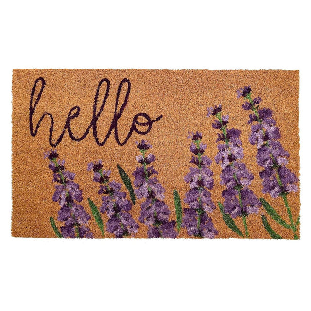 HomeRoots 17" X 29" Natural Black and Purple Coir Floral Hello Outdoor Door Mat