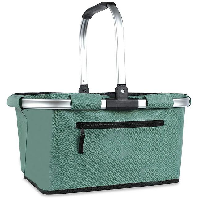 SIYUAN Picnic Basket, 22L Folding Shopping Basket Strong Aluminum Frame Camping Grocery Bags, Leak-Proof Travel Basket Easy Storage Market Basket,1 Pack,Green