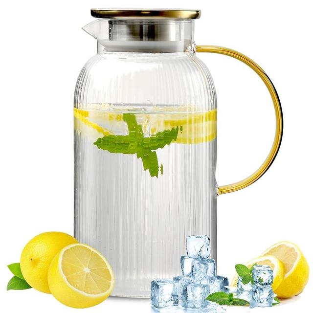 Wlasss Glass Pitcher with Lid, 68 oz 2 Liter Glass Pitcher, Modern Vertical Stripes Iced Tea Pitcher, Glass Water Pitcher for Cold Brew Coffee,Hot Water, Milk, Sun Tea Jar