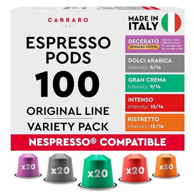 CARRARO Variety Pack - 100 Premium Espresso Pods Compatible with Nespresso Original Machines - Medium & Dark Roast Espresso Aluminum Capsules, 10 Packs - 100 Servings, Made in Italy