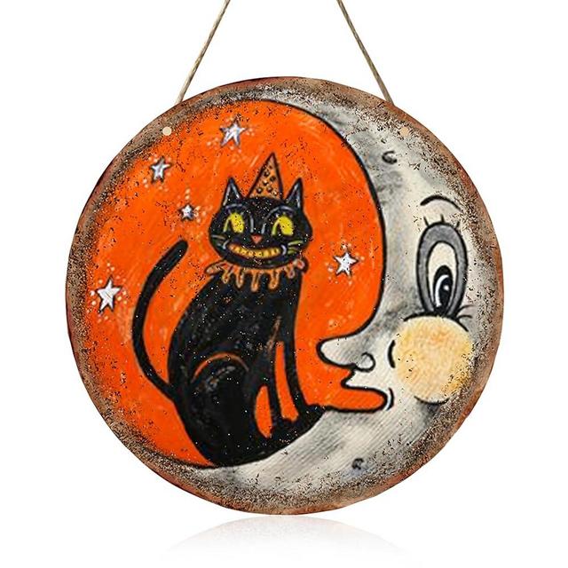 GyovinnJuwanua Easter Cat Moon Decoration - Religious Vintage Black Cat Moon Wooden Wall Hanging Decoration, Door Welcome Sign Wood Craft Pendents Supplies for Home Porch Party Decor