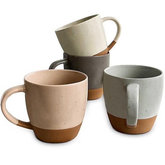 Mora Ceramic Large Latte Mug Set of 4, 16oz - Microwavable, Porcelain Coffee Cups With Big Handle - Modern, Boho, Unique Style For Any Kitchen. Microwave Safe Stoneware - Assorted Neutrals