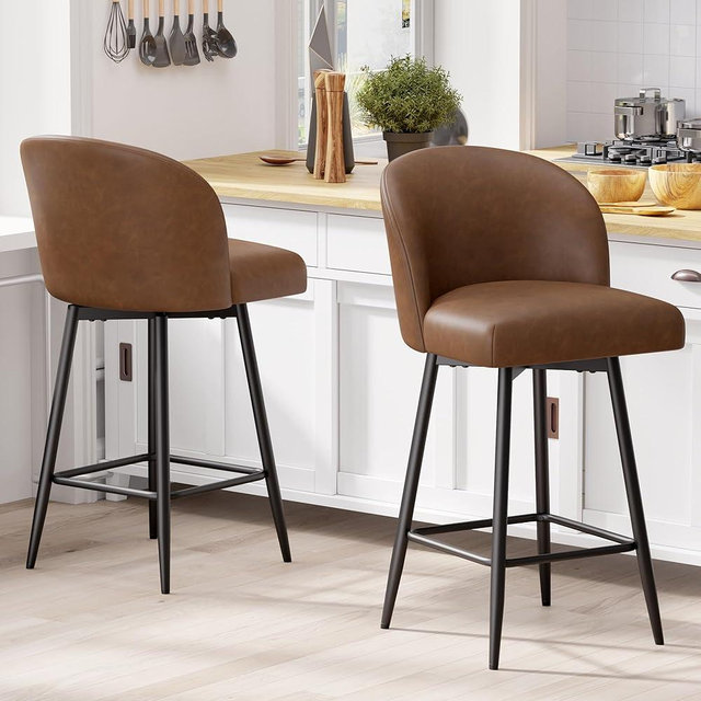 Daluvenix Counter Height Bar Stools Set of 2,360° Swivel Barstools with High Back and Metal Legs,26" Seat Height, Upholstered PU Leather Bar Chairs for Kitchen Island, Dining Room,Cafes,Yellow Brown