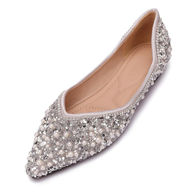Women's Rhinestone Flats Fashion Pointed Toe Pearl Diamond Low Heel Dress Wedding Flats Work Business Dance Ballet Flats