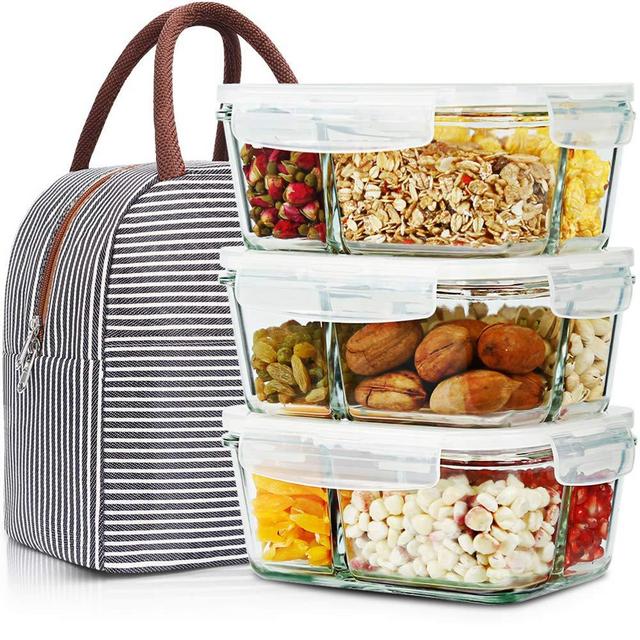 3 Pack 33.8oz Meal Prep Glass Containers 3 Compartments with Lids Glass Food Storage Containers Glass Bento Boxes Lunch Containers Glass Food Prep Containers with Lids, For Oven