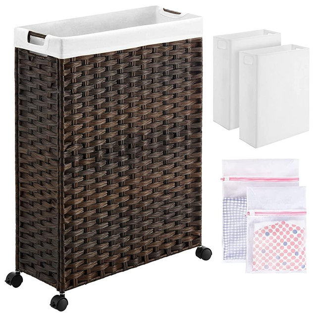 Greenstell Laundry Hamper with Wheels, 26” Slim Laundry Basket with 2 Removable Liner Bags & 2 Mesh Bags, Narrow Dirty Clothes Basket, Handwoven Synthetic Rattan Organizer in Bathroom, Bedroom, Brown