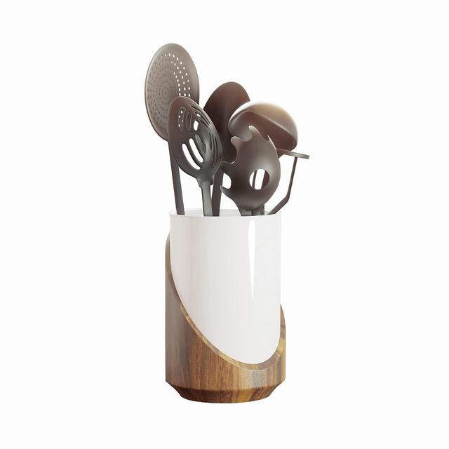 White Utensil Holder | Ceramic Utensil Holder | Large White Kitchen Utensil Crock with a Modern Wooden Countertop-Protection Case | Wide and Steady Utensils Caddy | Easy to Clean | Size: 7.5" x 5"