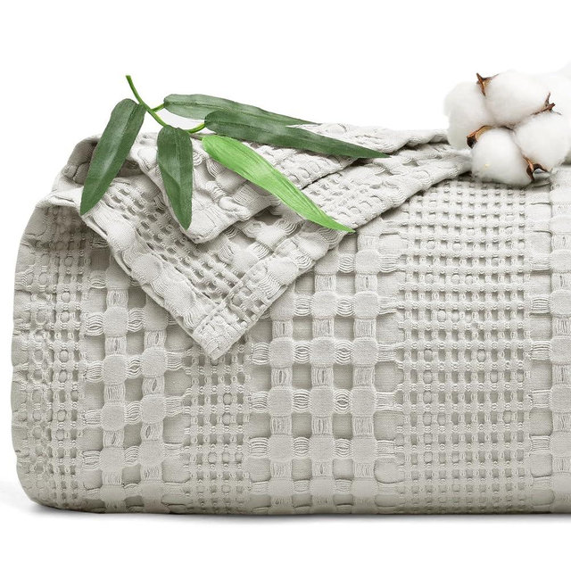 PHF Cooling Waffle Blanket Queen Size, Lightweight 60% Rayon Derived from Bamboo & 40% Cotton Breathable Blanket for Hot Sleepers, Ultra Soft and Luxury Blanket for Bed Couch and Sofa, 90"x90", Grey