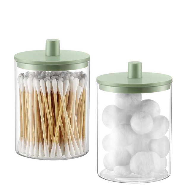 TIPGO Glass Qtip Holder Dispenser for Bathroom - 10 oz Clear Canister Apothecary Jar for Cotton Swabs, Balls, Pads, Floss Picks, Small Containers for Makeup Storage Organizer (2 Pack, Green)