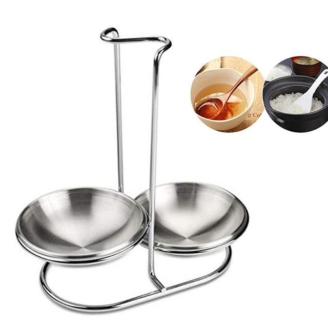 GoldNJade 304 Stainless Steel Double Ladles Holder Vertical Spoon Rest Cooking Utensils Stand Silver