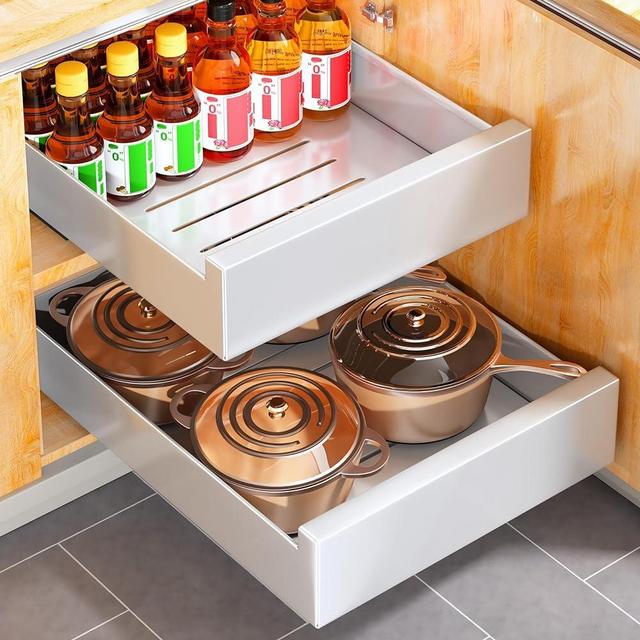 Pull out Cabinet Organizer, 21"Deep, Slide out Drawer Organizer for Kitchen Cabinets, Under Sink Organizers and Storage with Adhesive Nano Film Fixed, Sliding Organization Bins for Bathroom, Pantry