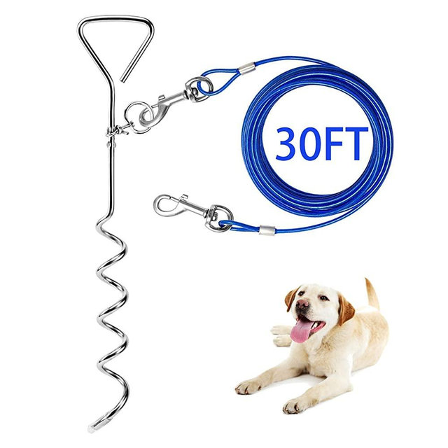 Dog Tie Out Cable and Stake, 16/30ft Outside Dog Leash&Chain for Camping and Yard, 16'' Heavy Duty Anti Rust Spiral Stake for Medium-Large Dogs Up to 125 lbs