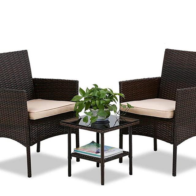 FDW 3 Pieces Patio Set Outdoor Patio Furniture Sets Wicker Bistro Set Rattan Chair Conversation Sets Garden Porch Furniture Sets for Yard and Bistro with Coffee Table,Brown