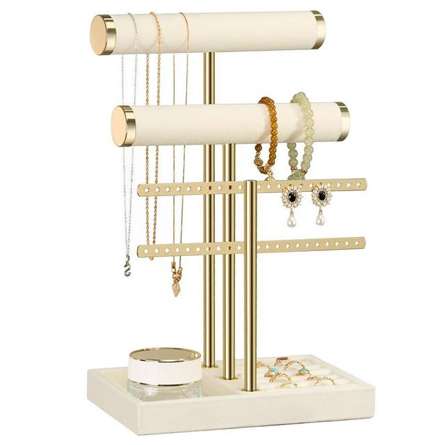 bussdis 3 Tier Bracelet Holder Display - Detachable T Bar Beige Velvet Bracelet Holder, Jewelry Holder Organizer for Bracelet, Necklace, Earrings, Rings