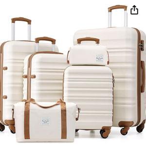 LONG VACATION 6 Piece Luggage Set Carry on Suitcase with ABS+PC hardshell, Spinner Wheels & YKK Zipper TSA Lock (BEIGE-BROWN, 6 piece set)