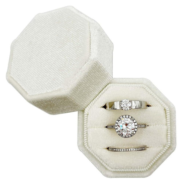 Beatilog Velvet Ring Box 3 Slots - Octagonal Premium Rings Holder Handmade Ring Bearer Jewelry Storage Organizer for Wedding Ceremony, Christmas, Photography Prop (Ivory)