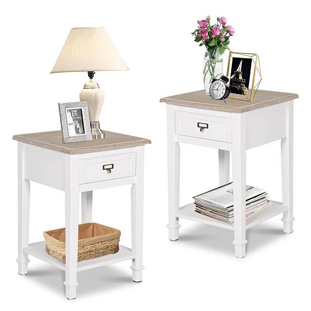 FIZZEEY Nightstands Set of 2, Modern End Table Beside Table Side Table with Drawer and Storage Shelf, Wooden Nightstands End Table for Bedroom, Living Room, White