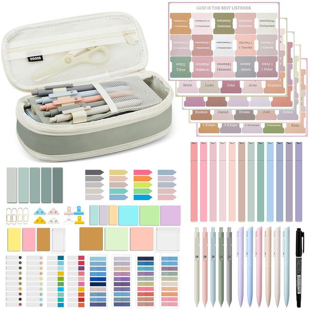 Chiisong 73 Pcs Aesthetic Bible Journaling Study Supplies Book Annotation Kit Highlighters Sticky Notes Gel Pens Book Pen Clip Pencil Case for Bible School Gift for Christmas(Green)