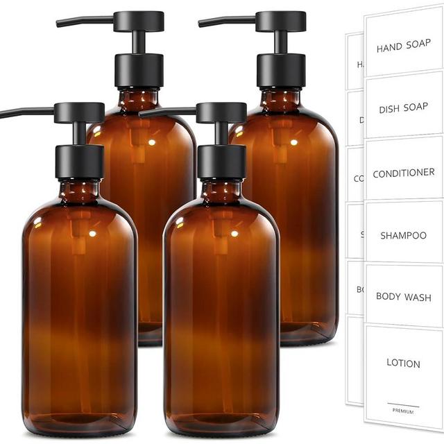 GMISUN Amber Glass Soap Dispenser, 4 Pack Bathroom Hand Soap Dispensers with Stainless Steel Flat Pump, 17 Fl Oz Kitchen Dish Soap Dispenser, Modern Vintage Liquid Brown Soap Dispensers Bottle Set