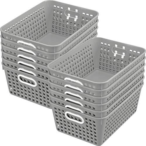 Really Good Stuff - 160016PE Multi-Purpose Plastic Storage Baskets for Classroom or Home Use - Stackable Mesh Plastic Baskets with Grip Handles 13" x 10" (Pebble - Set of 12)