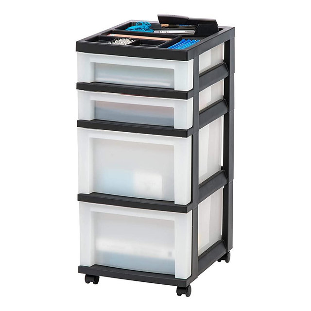 IRIS USA MC Plastic Storage, Organizer Drawer Cart, 4, Black/Pearl