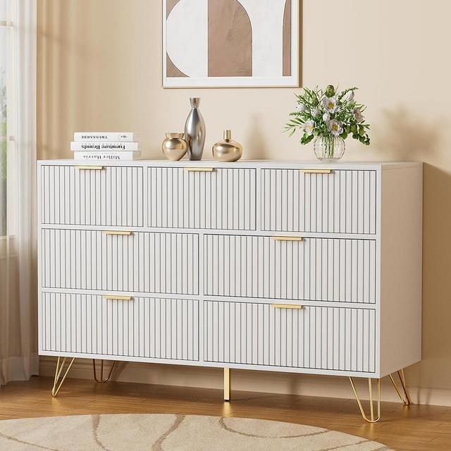 Furniway Dresser for Bedroom, Fluted Modern Dresser with Gold Pulls and 7 Drawers, 15.7" D x 47.2" W x 31.4" H, White