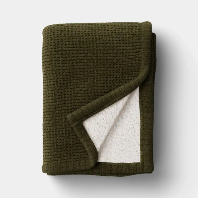 Chenille Knit Throw Blanket with Faux Shearling Reverse Green -Threshold™