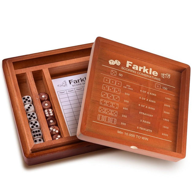 Farkle Classic Dice Game Set – Wooden Dice Tray with Storage Case, 2 Sets of Dice, Score Pad, Pen Holder & Built-in Scoring Guide – Family Game Night or Gift