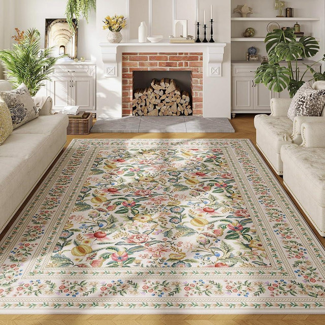 Vowkten Area Rugs 8x10 for Living Room Clearance Washable Vintage Floral Rug Non Slip Low Pile Large Rug for Bedroom, Farmhouse, Dining Room, Kids Playroom, Beige
