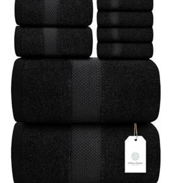 Classic Luxury Bath Towel Set of 8 Pieces - 100% Turkish Cotton Highly Absorbent Towels for Bathroom, 2 Luxury Bath Towels 700GSM, 2 Hand Towels, 4 Washcloths, Black