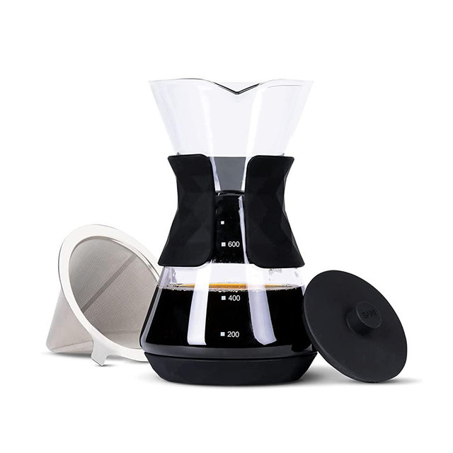 SAKI Pour Over Coffee Maker with Double Layer Stainless Steel Filter, Silicone Lid, Coffee Dripper Brewer, Heat Resistant Borosilicate Pour Over Carafe, 24 Ounce 