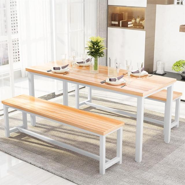 Recaceik 47" Dining Room Table Set with 2 Benches, Kitchen Dining Table Set for 4 Persons, Space Saving Kitchen Table and Chair Set for Dining Room, Small Space, Breakfast Nook(Walnut)