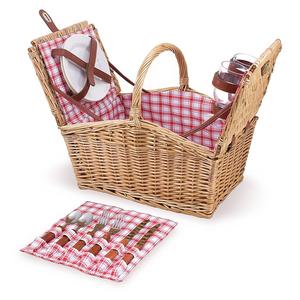 Picnic Time Piccadilly Willow Picnic Basket for Two People, with Plates, Wine Glasses, Cutlery, and Corkscrew - Red/White Plaid