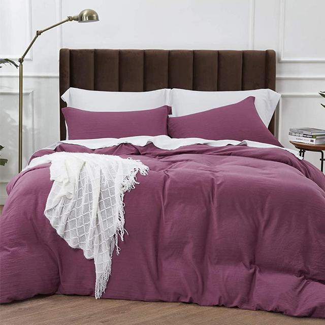 Bedsure Duvet Cover Queen Size with Zipper Closure, Ultra Soft Hypoallergenic Washed Comforter Cover Sets 3 Pieces (1 Duvet Cover + 2 Pillow Shams), Purple Eggplant, 90X90 inches
