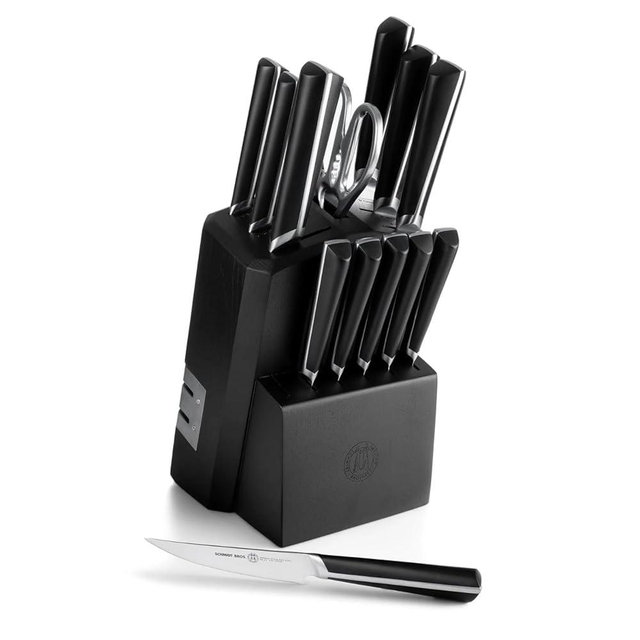 Schmidt Brothers -Highline- 14-Piece Knife Set, High-Carbon Stainless Steel Cutlery With Ebony-Stained Wood And Built-In Two Stage Sharpener Knife Block