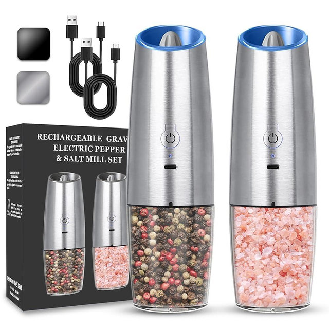 UNNEES Rechargeable Electric Salt and Pepper Grinder set of 2, gravity electric salt and pepper grinder set, Adjustable Roughness, LED Light, 2 Pack, (Silver)
