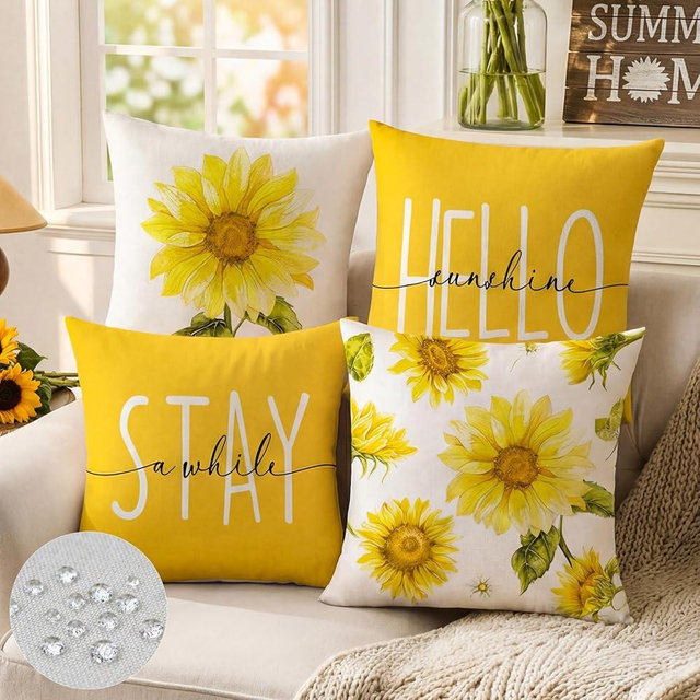 Spring Sunflower Decor Outdoor Throw Pillow Covers Waterproof 18x18 Inches Set of 4, Summer Sun Flower Decorative Pillows for Couch Porch and Patio Furniture, Mustard Yellow Floral Farmhouse Pillow
