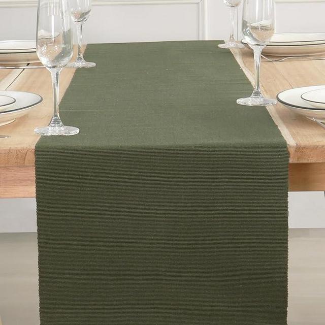 PurpleEssences Solid Ribbed Woven Table Runner Spring Summer Easter Farmhouse Dining Room 14 x 72 Inch - Olive Green