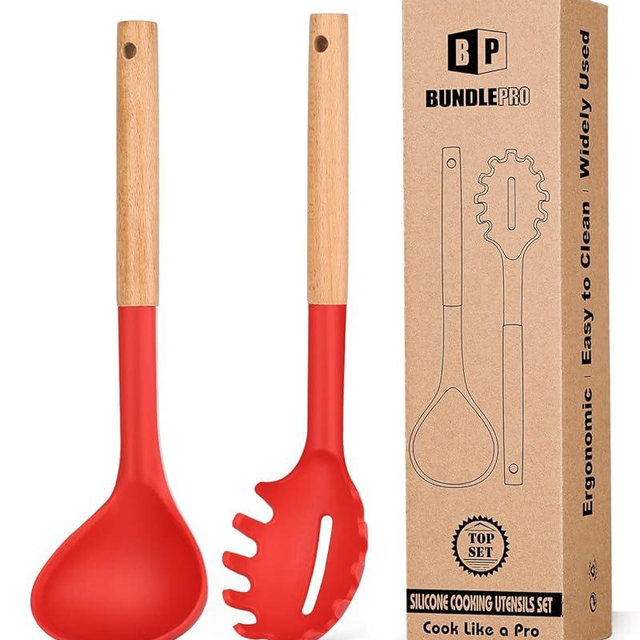 Silicone Pasta Fork and Ladle Spoon Set with Wooden Handle, Heat Resistant Non Stick Kitchen Utensils for Cooking, Stirring, Serving Spaghetti, Soup, Sauce(RED)