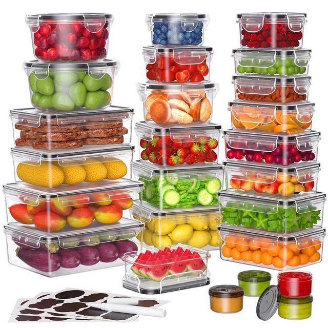 KEMETHY 50 Pcs Larger Food Storage Containers with Lids Airtight (25 Containers & 25 Lids), Plastic Meal Prep Container for Pantry & Kitchen Organization, BPA-Free, Leak-Proof with Labels & Marker Pen