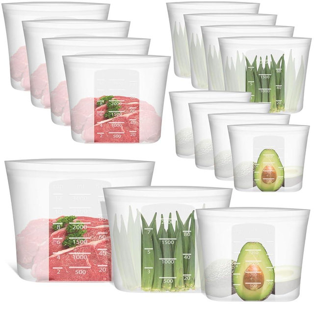 Reusable Storage Bags, Large-Size Set, 12 Pack 100% Silicone Food Storage Bags Stand Up Zip Lock Bags for Food, Freezer Microwave Oven Dishwasher Safe, 4 XL-0.8 Gallon + 4 L + 4 M, Translucent