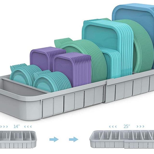 Expandable Food Container Lid Organizer, Lid Storage Organizer Resizable Up to 25 Inches with 6 Adjustable Dividers for Kitchen Cabinet, Pantry and Countertop, Gray 1 Pack