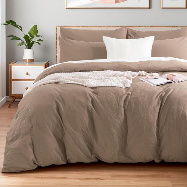 NEXHOME PRO 100% Washed Cotton Duvet Cover King Size, Ogranic Natural Linen Feel Breathable Bedding Set with Zipper Closure, 3 Pieces Duvet Cover Set Toffee (No Comfortert) 10490