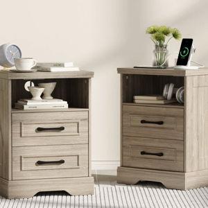 Farmhouse Nightstand With Charging Station, 2 Large Drawers & 2 USB ports with Open Storage - Gray, Set of 2