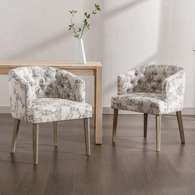 DUOMAY Modern Tufted Dining Chairs Set of 2, Linen Upholstered Side Chair, Comfy Accent Barrel Chair with Wood Legs for Home Kitchen Dining Room Living Room Restaurant, Beige Flower Pattern