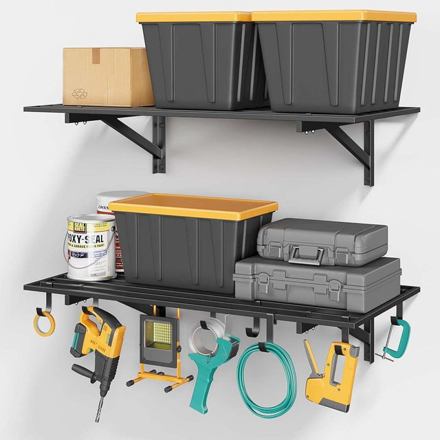 Jusgym 2-Pack 2x4ft Heavy Duty Garage Shelving, 2' x 4' Garage Wall Shelving Wall Mounted, 400LB Capacity Garage Storage Rack with Hooks, Black