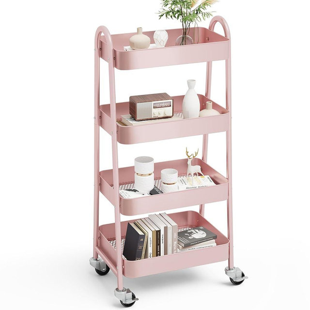 OLIXIS 4 Tier Utility Rolling Cart, Metal Mobile Storage Shelf with Lockable Caster Wheels, Organization for Livingroom, Bathroom & Narrow Places, 4-Tier Pink