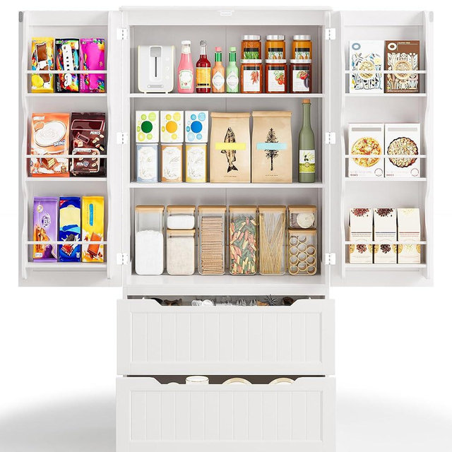 Gizoon Kitchen Pantry Storage Cabinet with Drawers Freestanding Kitchen Pantry Cabinet with Doors and Shelves, 63" Small Food Pantry Cabinet for Dining Room Craft Room, White