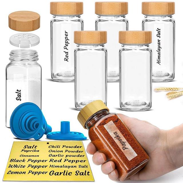 Glass Spice Jars with Bamboo Airtight Lids - (6 Pack) - 4 oz Square Spice Bottles with Shaker Lids - Clear Empty Shaker Seasoning Jars with Preprinted Spice Jars Labels and Collapsible Funnel Included